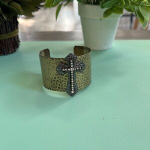 Gold and Black Textured Cuff Bracelet with Cross Design
